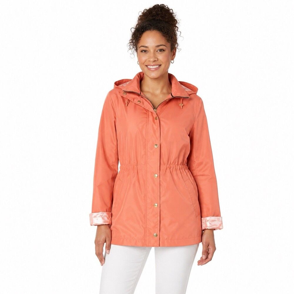 Dennis Basso Womens Rain Jacket XXS Peach Waterproof Coat Hooded Drawstring Y2K
